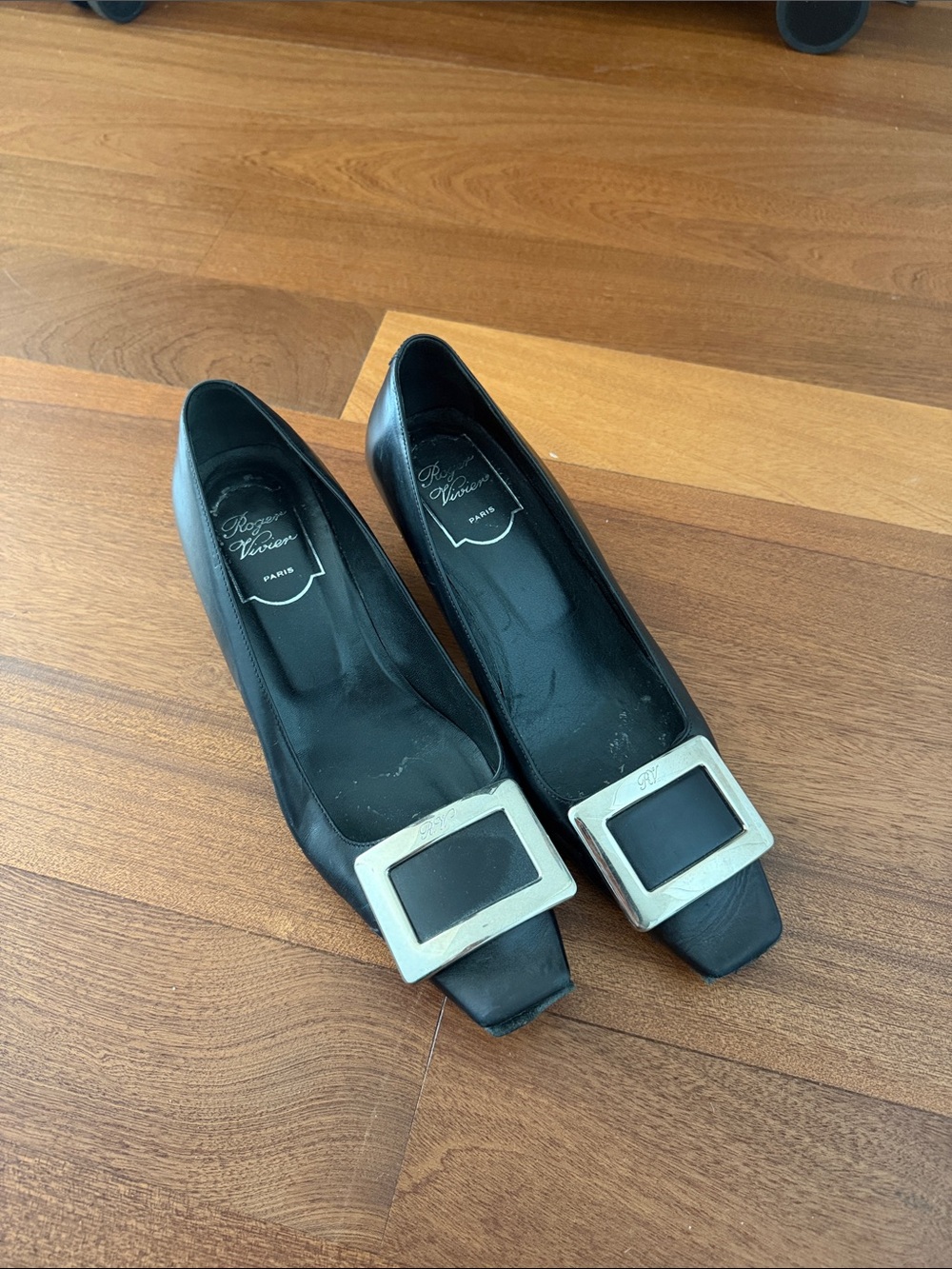 Roger Vivier Black Leather Square-Toe Pumps with Large Silver Buckle